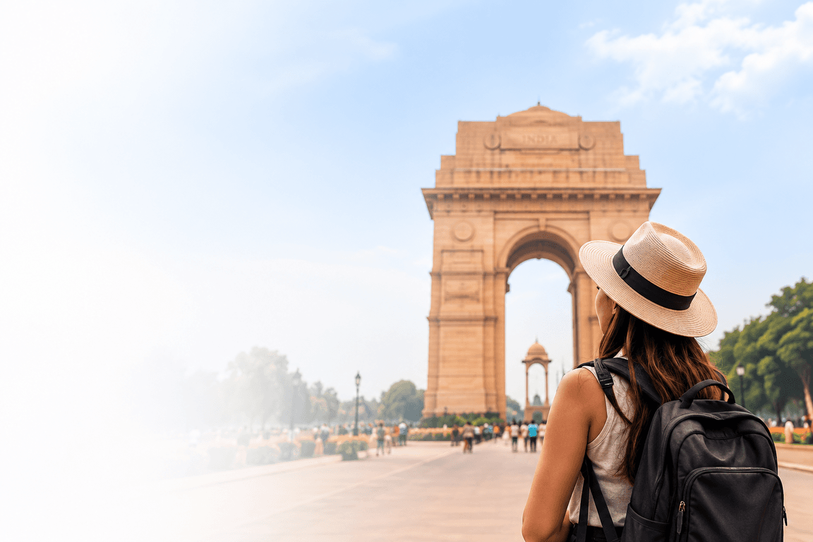 Traveler exploring India Gate with a private EasyGoCab driver