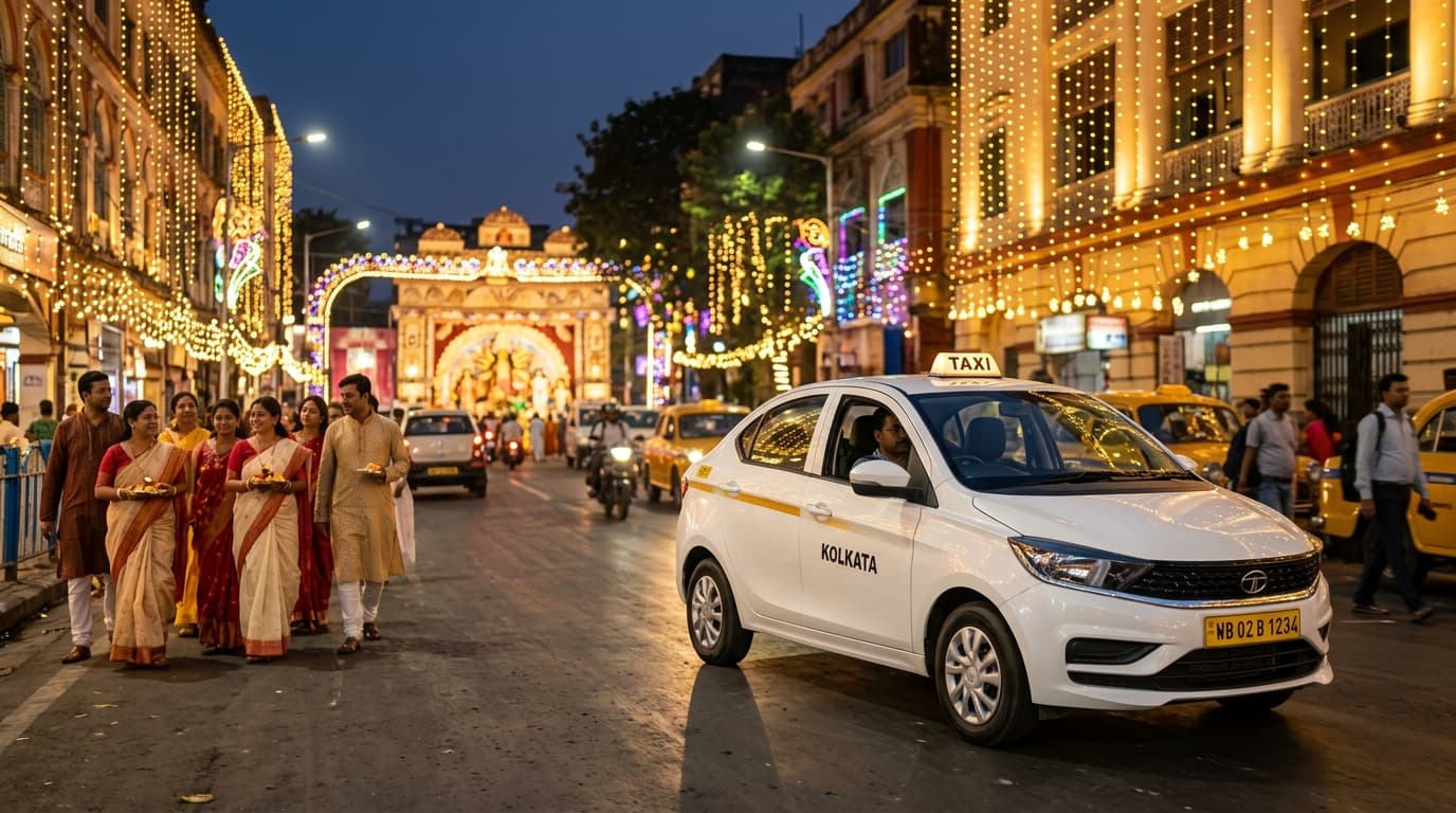 Durga Puja 2026 Kolkata cab service - modern AC cab in festive illuminated Kolkata street